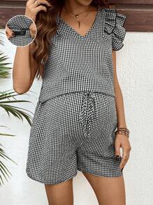 SHEIN Set de 2 piezas de Top casual de cuello en V a cuadros y shorts para maternidad