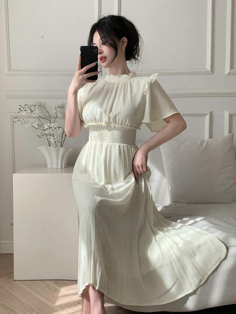 Plain Ruffle Trim Midi Pleated Dress For Women Prom Dress Sundress Elegant Women Dresses