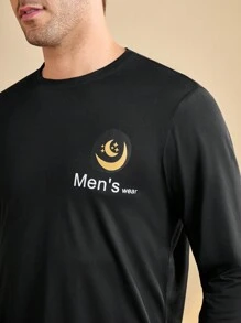 Manfinity Underwear&Sleepwear Basics Set de pijama de 2 piezas con pantalón y top de manga larga de cuello redondo estampado, estilo minimalista para hombre