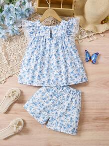 2pcs/Set Little Girls Lace Patchwork Casual Top And Shorts Set - Multicolor - View 2