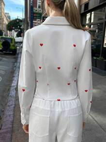SHEIN EZwear Women's Casual Valentine's Day Shirt Heart Pattern Button Shirt Collar Long Sleeve Casual Shirt
