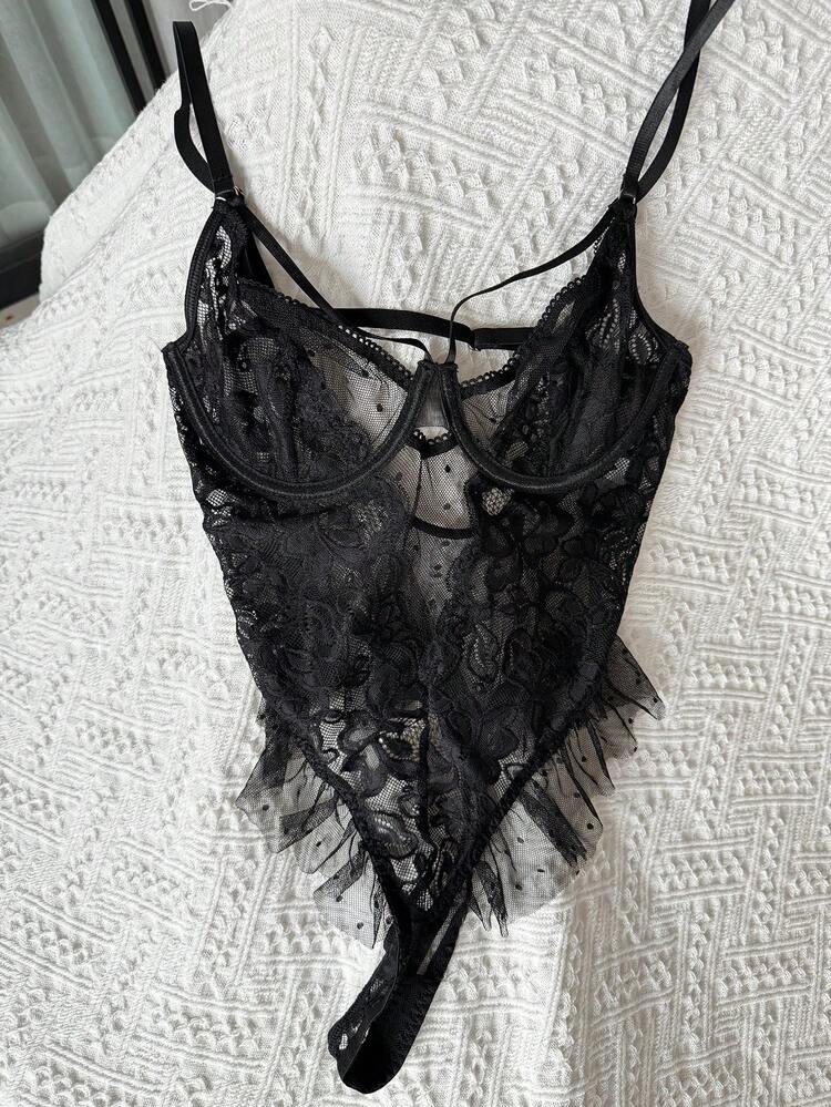 Lace Solid Color Adjustable Spaghetti Strap Sheer Sexy Bodysuit For Women Lingerie For Women