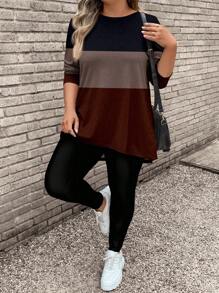 EMERY ROSE 2pcs/Set Women Plus Size Casual Striped Pattern Long Sleeve T-Shirt And Yoga Pants Set, Suitable For Autumn/Winter - Multicolor - View 3