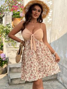 SHEIN VCAY 大码女式度假休闲碎花前系带吊带裙、沙滩裙 - 彩色 - 查看 6