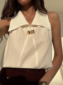 Aloruh Camisa informal sin mangas con cuello de mujer de unicolor