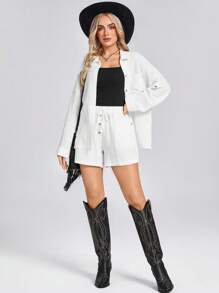 SHEIN LUNE Button Down Collar Blouse And Drawstring Waist Casual Shorts 2 Pieces Set, Elegant Vacation Outfit - White - View 4