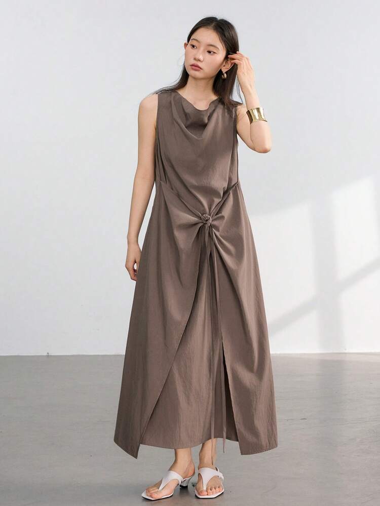 Women's Solid Color Linen Design Splicing Drawstring Tie Buttons Draped Collar Mid-Calf Dress Summer Old Money Style,Casual Women Dresses Business Casual Woman Work Clothes