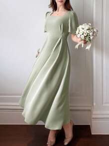 DAZY Vestido elegante de verano de media pantorrilla con cuello cuadrado y mangas cortas para mujer, vestidos formales para mujer en Pascua - Verde - Ver 3