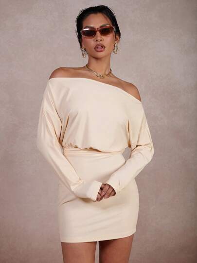 COSMINA Women's Solid Color Off-Shoulder Long Sleeve Casual Mini Dress