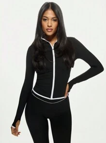 MISSGUIDED Premium Athletic Performance Zip-Up Track Jacket Workout Running Training Top With Contrast Piping Detail Moisture Wicking Fitness Activewear - Black - View 1