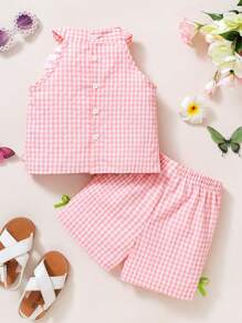SHEIN Bộ 2 món gồm áo và quần short kẻ caro thêu hoa dễ thương cho bé gái, thích hợp cho kỳ nghỉ hè, đi biển, dã ngoại. - Hồng - Xem 2