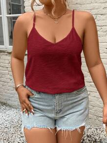 SHEIN Frenchy Texture Back Lace-Up Vacation Plus Size Women's Tank Top - Red - View 4