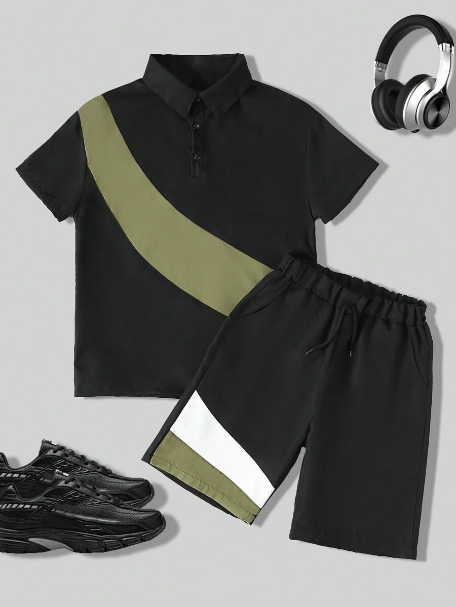 SHEIN 青少年男孩经典撞色拼接 Polo 衫和工装短裤两件套，夏季 - 綠色 - 查看 1