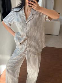 DAZY Striped Simple Texture Chiffon Fabric Women Sleepwear Set Pajama - Black and White - View 5
