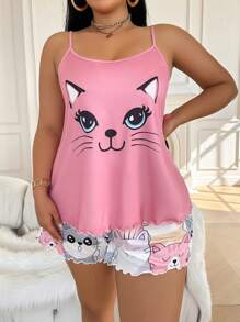 Slumberry CURVE Cartoon Cat Print Camisole & Shorts Pajama Set, Plus Size - Multicolor - View 4