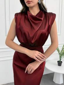 SHEIN Tall 海軍藍優雅垂墜細節長洋裝，適合高個女性 - 酒紅色 - 查看 5
