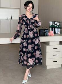 DAZY Women's V-Neck Long Sleeve Floral Mid-Length Dress, Suitable For Spring & Fall, Valentine's Day Vacation Outfits Women - Multicolor - View 6
