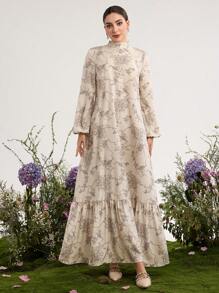 Graceveil Women's Loose Arabic Style Print Dress With Stand Collar,Modest - Khaki - View 5