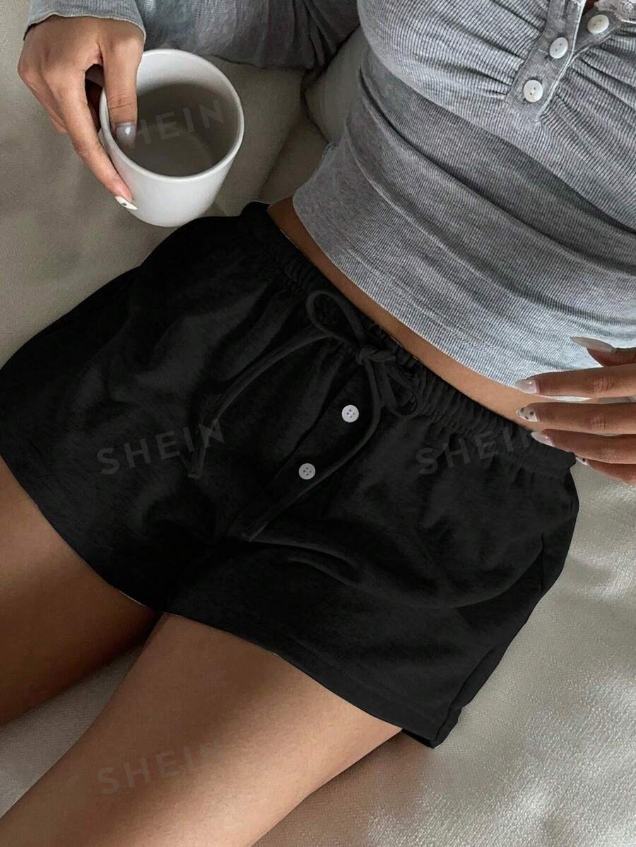 SHEIN EZwear Shorts de punto de unicolor con nudo delantero, uso casual diario para mujer