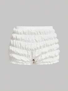 SHEIN MOD 加大码番茄女孩可爱蝴蝶结褶皱女式迷你短裤 - 白色 - 查看 2