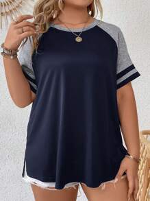 EMERY ROSE Áo thun cổ tròn tay ngắn màu trơn cỡ lớn thường ngày mùa hè - Màu xanh hải quân - Xem 3