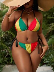 SHEIN Slayr CURVE Plus Size Women's New Sexy Fashion Rainbow Striped Contrast Color Print Black Solid Triangle Cup Binding Tie Bikini Set Top & Bottom Swimwear, Summer Beach Vacation - Multicolor - View 5