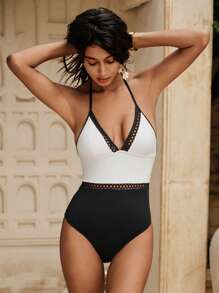 Anewsta 1pc Women's Color Contrast Backless Halter One-Piece Swimsuit, For Summer Beach Vacation - Black and White - View 5