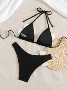 SHEIN Swim 2 件套性感海滩花卉装饰三角比基尼套装，适合夏季度假 - 黑色 - 查看 7
