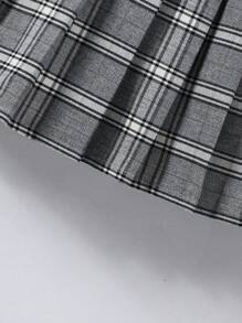 Tween Girl 休闲校园风格 2 件套 - 泡泡袖蝴蝶结衬衫上衣和灰色格子 A 字裙，夏季 - 灰色 - 查看 5