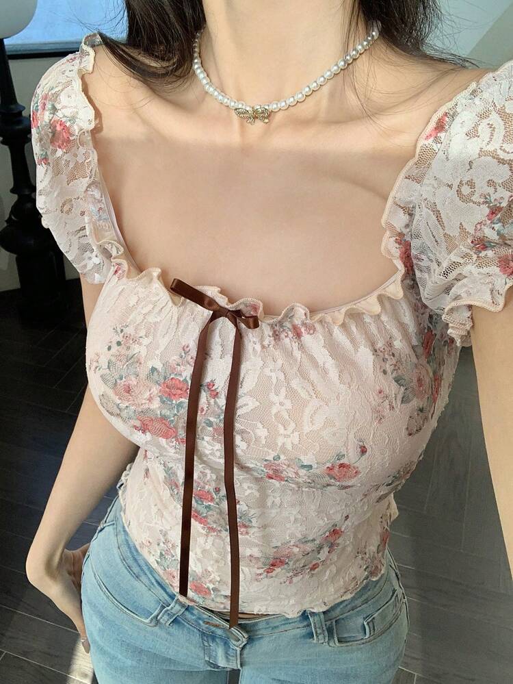 Lace Ditsy Floral Bowknot Hollow-Out Top With Frill Trim For Women Summer,Boho Tops Vacation Women Easter
