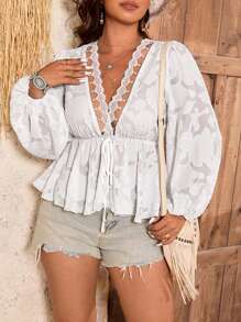 Breezaya Modische lässige minimalistische Bluse mit V-Ausschnitt, Spitze-Patchwork, taillengerafft, Langarm, vielseitig einsetzbar, weiß