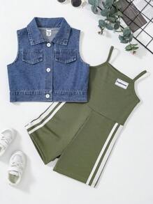 SHEIN Conjunto de 2 piezas con top sin mangas de botones delanteros y mono para niñas pequeñas - Conjunto de ropa de verano para niñas - Azul - Ver 1