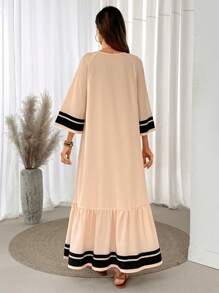 SHEIN LUNE Long Sleeve Maxi Dress With Ruffle Hem And Tassel Pendant, Chinese Style Retro Urban Dress Suitable For Formal Occasions, Beige