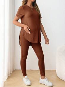 SHEIN Maternity Casual Round Neck Short Sleeve Side Slit T-Shirt With Adjustable Waist Loose Pants 2 Pieces Set - Redwood - View 3