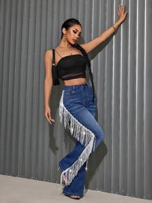 SHEIN SXY Women's Flared Denim Jeans With Tassels, For Going Out And Parties - Blue - View 6