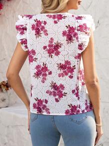 SHEIN Clasi 女士棉质刺绣 V 领荷叶袖衬衫 - 粉色 - 查看 2