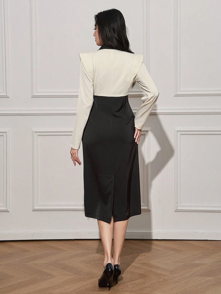 Color-Blocking Design Long Sleeve Button Front Midi Dress For Women Shirt Dress,Fall Dress