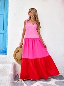 SHEIN VCAY Women's Woven Color Blocking Camisole Dress With Flared Dress Spring And Summer Outfits, Summer Clothes, Valentine's Day, Vacation Outfits Woman, Beach Outfits For Woman, Festival, Romantic And Elegant Clothing, Bohemian, BOHO, Sweet, Rave Outfits Festival, Tropical Vacation Woman Clothes, Carnival - Multicolor - View 5