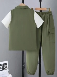 SHEIN Conjunto de 3 piezas para niño preadolescente: Chaleco de utilidad de verano + Camiseta de cuello redondo con estampado de letra + Pantalón de carga de utilidad