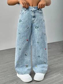 SHEIN Sparklyn Tween Girl Casual Jeans With Front Buttons, Pockets & Floral Embroidery - Medium Wash - View 4