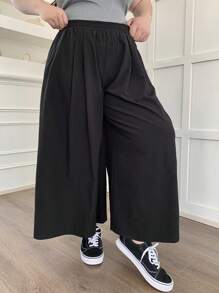 Dazy Plus 加大码弹性腰部纯色阔腿七分裤，商务休闲，四季秋季 - 黑色 - 查看 8