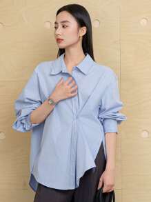 Dazy-Less Minimalist Asymmetric Button Design Solid Color Casual Long Sleeve Women Shirt,Fall Women Clothes Business Casual Woman Work Clothes - Blue - View 9