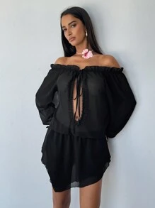 Aloruh Women's Spring And Summer Sexy Romantic Holiday Music Festival Ruffle Neckline One-Shoulder Straps Hollow Loose And Elegant Chiffon Pleated Asymmetric Hem Black Mini Dress
