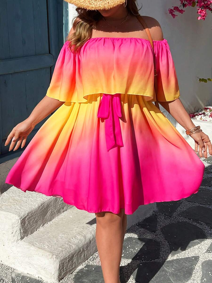 SHEIN Clasi Plus Size Boho Open Shoulder Front Tied Ombre Casual Short Dress, For Summer - Multicolor - View 1