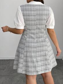 Franclia Plus Size Women Fashionable Elegant Fitted V-Neck Bowknot Puff Sleeve Plaid Short Summer Dress