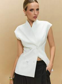 Poéselle Women's White Button Front Minimalist Casual Thin Blazer, Classy Outfits For Women,Business Casual,Blazer For Wedding Guest,Old Money Style Women,Summer Outfits For Women In Fall/Winter - White - View 1