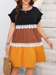 SHEIN LUNE Plus Size Women's Round Neck Contrast Lace Trim Ruffle Sleeve Loose Casual Smock Short Dress For Summer - Multicolor - View 3