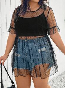 SHEIN CURVE+ Women's Plus Size Black Sheer Mesh Perspective Cover Up Top For Music Festival - Black - View 4