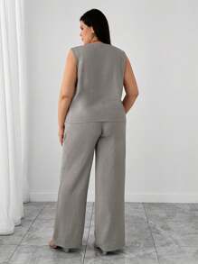 RueChic Plus Women's Solid Button Placket Tank Top & Wide Leg Pants - Grey - View 2