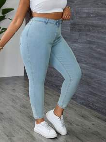 Plus Size Relaxed Fit High Waist Distressed Skinny Jeans - Light Wash - View 4